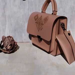 Elegant Tan Handbag with Embossed Design